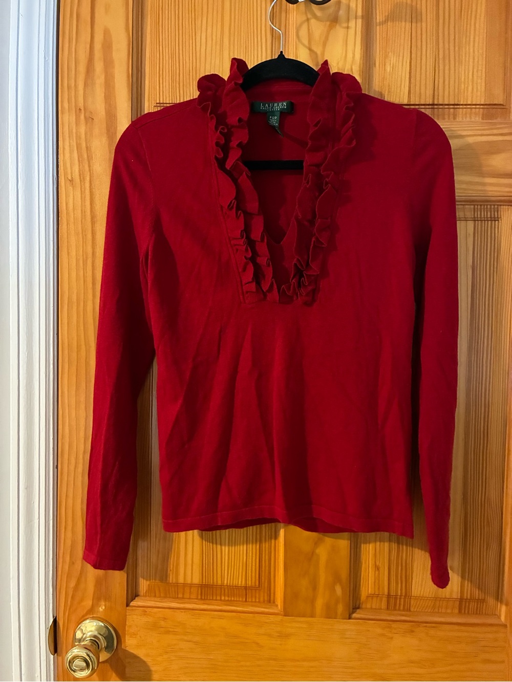 Ralph Lauren Red Ruffle V-Neck Long Sleeve Tee